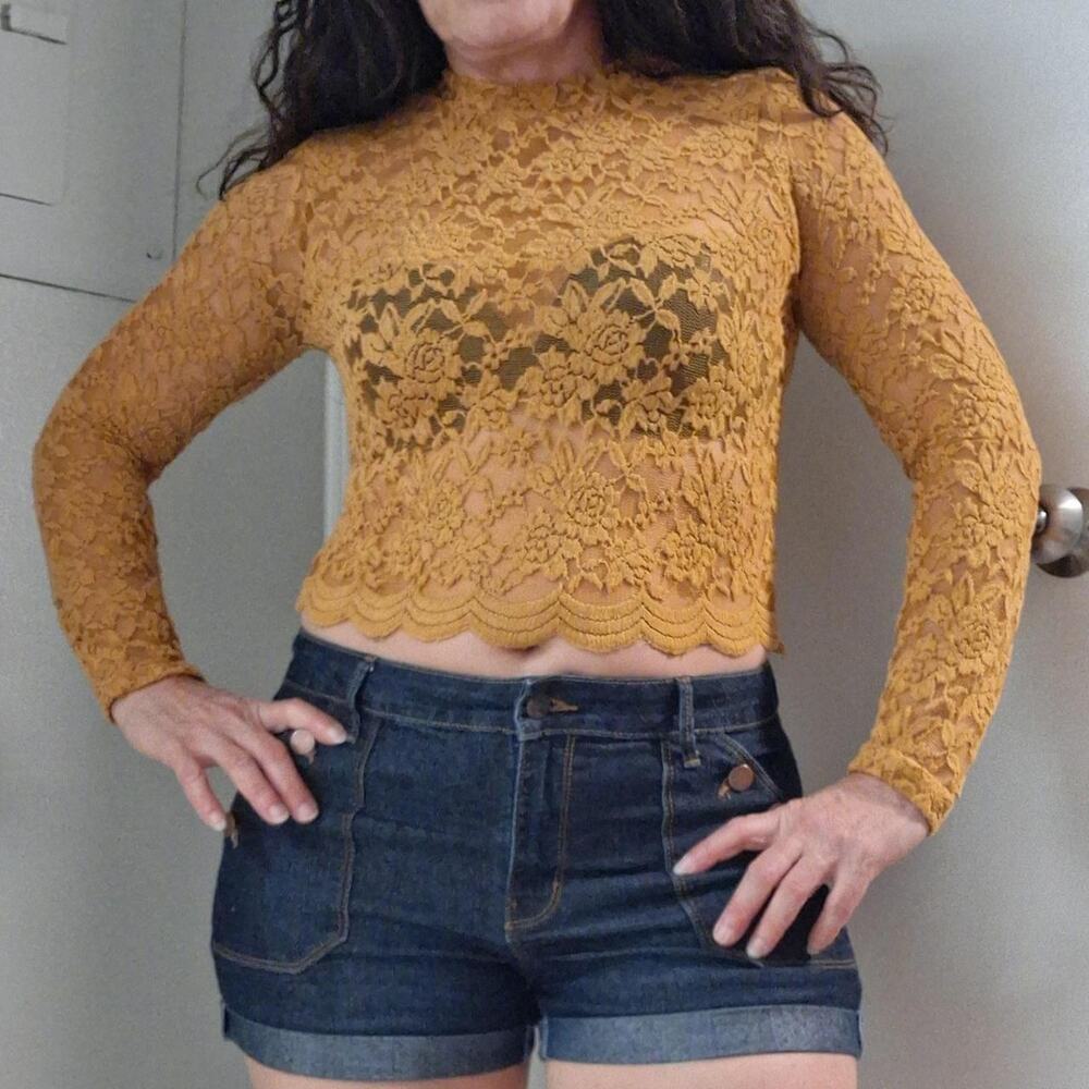 ✨ AMBIANCE SHEER MUSTARD LACE MOCK NECK CROP TOP ✨